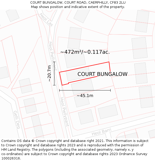 COURT BUNGALOW, COURT ROAD, CAERPHILLY, CF83 2LU: Plot and title map