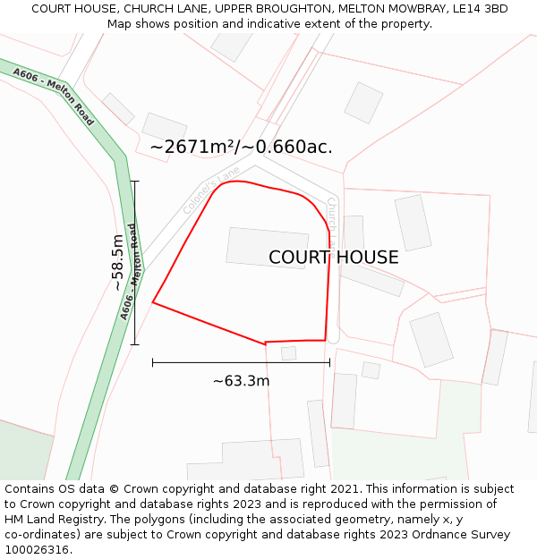 COURT HOUSE, CHURCH LANE, UPPER BROUGHTON, MELTON MOWBRAY, LE14 3BD: Plot and title map