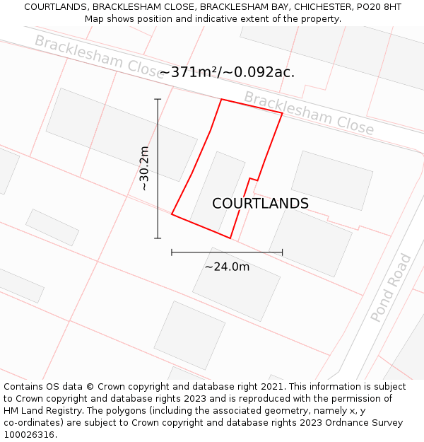 COURTLANDS, BRACKLESHAM CLOSE, BRACKLESHAM BAY, CHICHESTER, PO20 8HT: Plot and title map