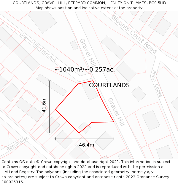 COURTLANDS, GRAVEL HILL, PEPPARD COMMON, HENLEY-ON-THAMES, RG9 5HD: Plot and title map