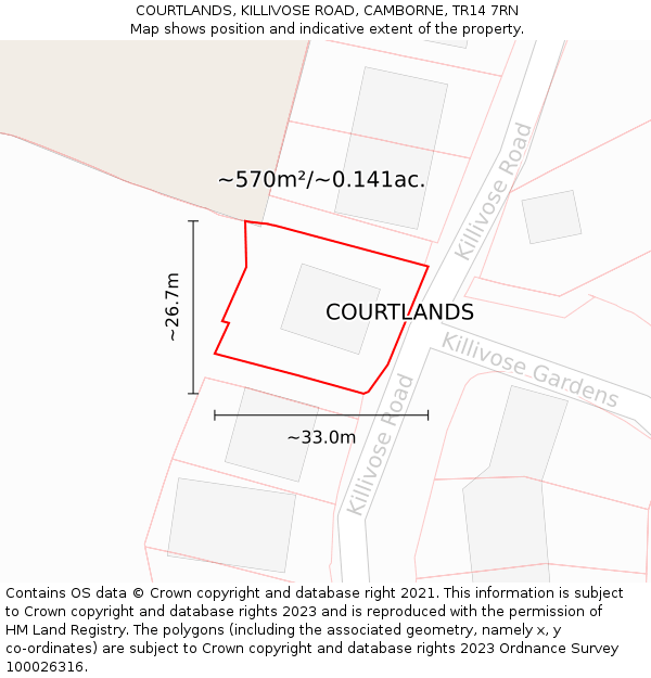 COURTLANDS, KILLIVOSE ROAD, CAMBORNE, TR14 7RN: Plot and title map