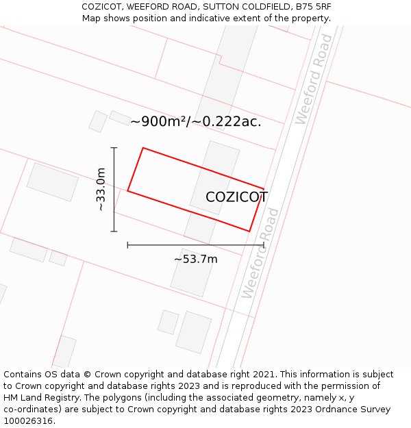 COZICOT, WEEFORD ROAD, SUTTON COLDFIELD, B75 5RF: Plot and title map