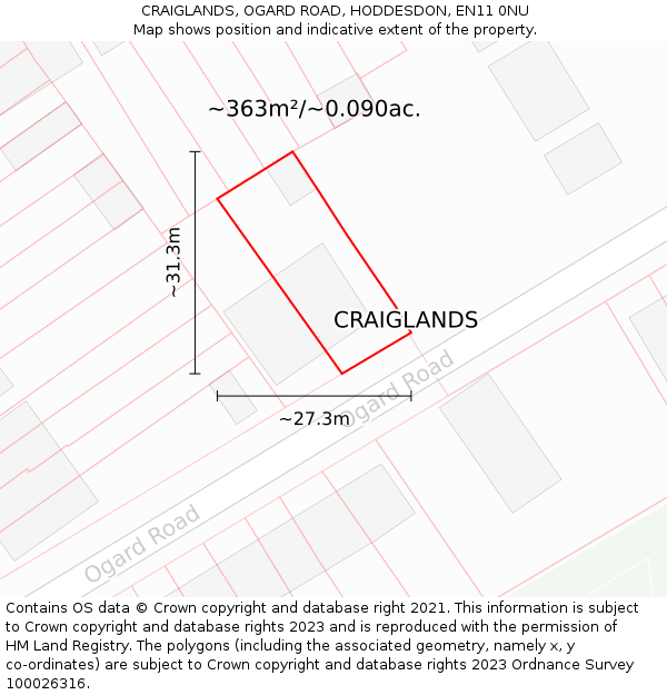 CRAIGLANDS, OGARD ROAD, HODDESDON, EN11 0NU: Plot and title map