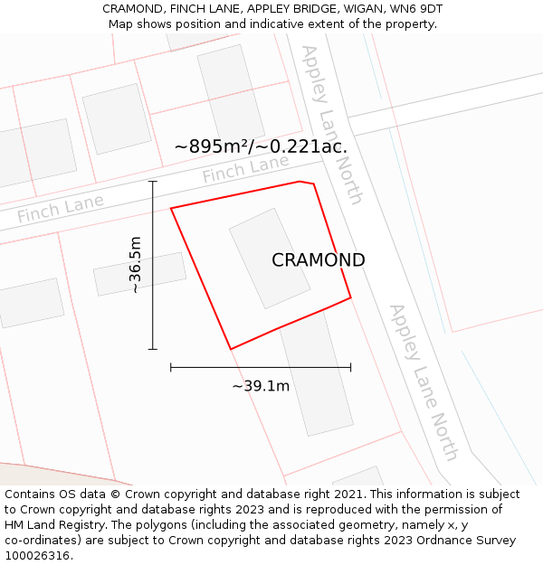 CRAMOND, FINCH LANE, APPLEY BRIDGE, WIGAN, WN6 9DT: Plot and title map