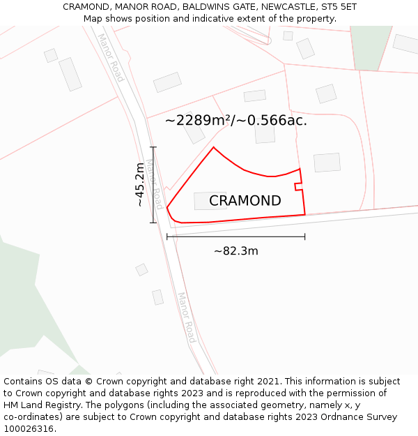 CRAMOND, MANOR ROAD, BALDWINS GATE, NEWCASTLE, ST5 5ET: Plot and title map