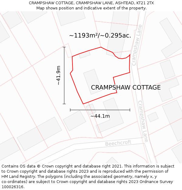 CRAMPSHAW COTTAGE, CRAMPSHAW LANE, ASHTEAD, KT21 2TX: Plot and title map