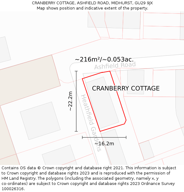 CRANBERRY COTTAGE, ASHFIELD ROAD, MIDHURST, GU29 9JX: Plot and title map