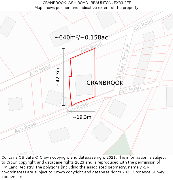 CRANBROOK, ASH ROAD, BRAUNTON, EX33 2EF: Plot and title map