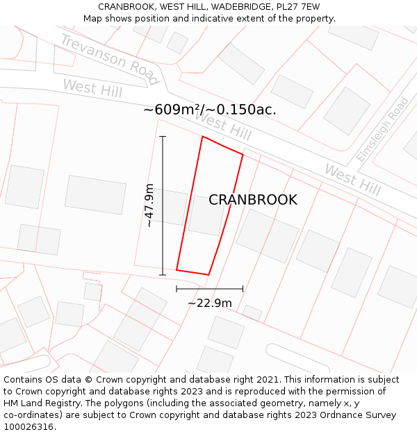 CRANBROOK, WEST HILL, WADEBRIDGE, PL27 7EW: Plot and title map