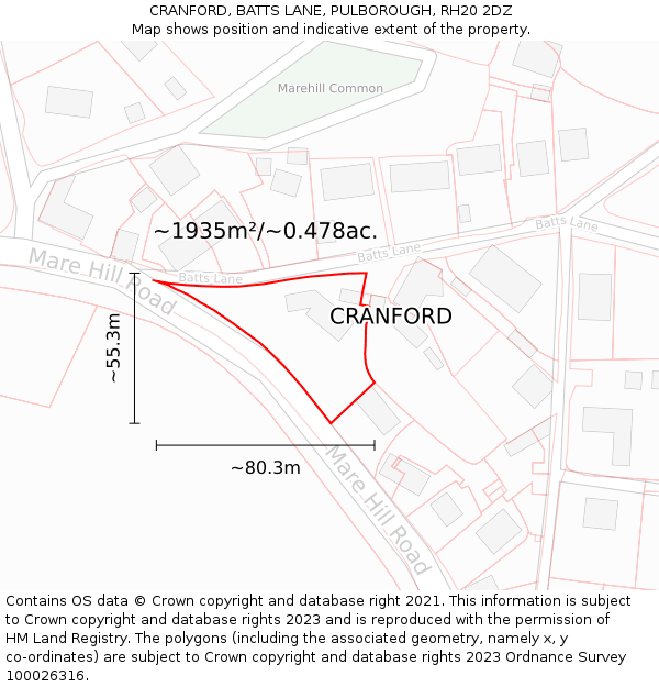 CRANFORD, BATTS LANE, PULBOROUGH, RH20 2DZ: Plot and title map