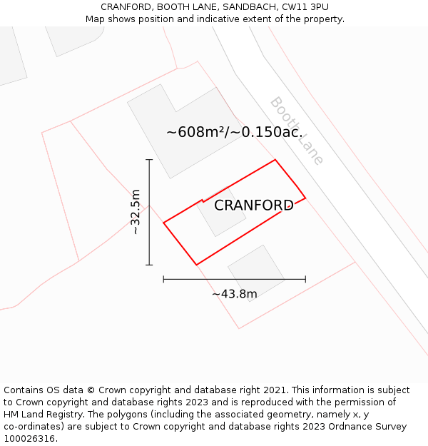CRANFORD, BOOTH LANE, SANDBACH, CW11 3PU: Plot and title map