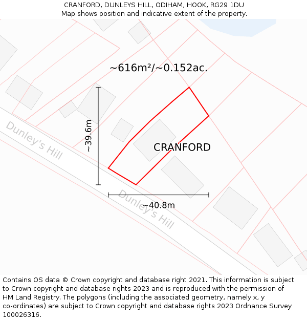 CRANFORD, DUNLEYS HILL, ODIHAM, HOOK, RG29 1DU: Plot and title map