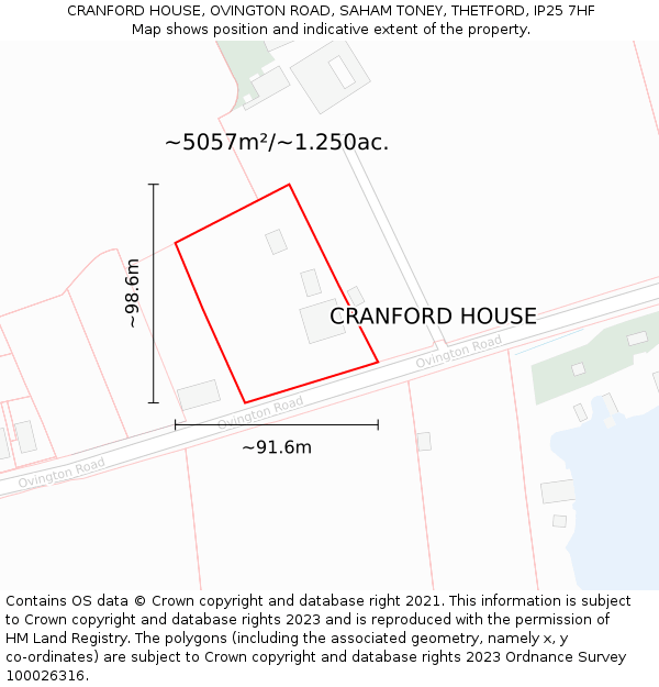 CRANFORD HOUSE, OVINGTON ROAD, SAHAM TONEY, THETFORD, IP25 7HF: Plot and title map