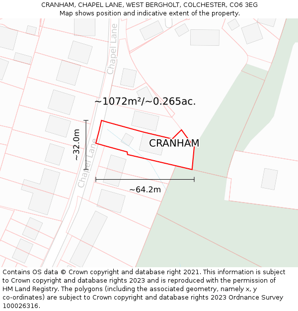 CRANHAM, CHAPEL LANE, WEST BERGHOLT, COLCHESTER, CO6 3EG: Plot and title map