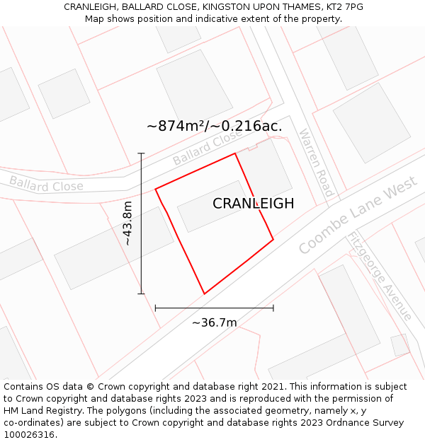 CRANLEIGH, BALLARD CLOSE, KINGSTON UPON THAMES, KT2 7PG: Plot and title map