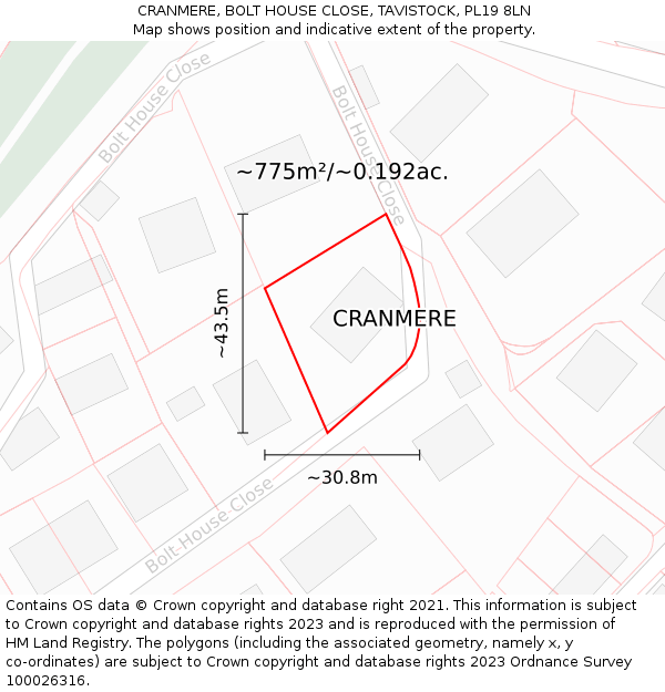 CRANMERE, BOLT HOUSE CLOSE, TAVISTOCK, PL19 8LN: Plot and title map