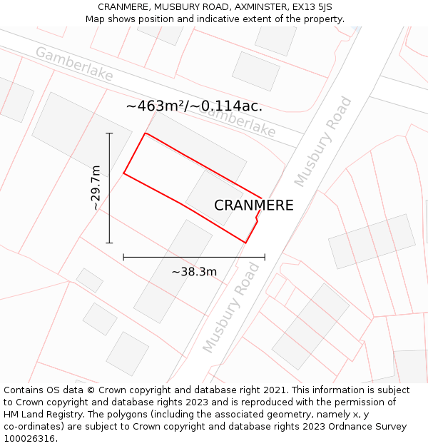 CRANMERE, MUSBURY ROAD, AXMINSTER, EX13 5JS: Plot and title map