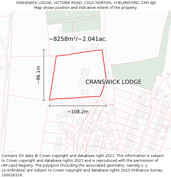 CRANSWICK LODGE, VICTORIA ROAD, COLD NORTON, CHELMSFORD, CM3 6JD: Plot and title map