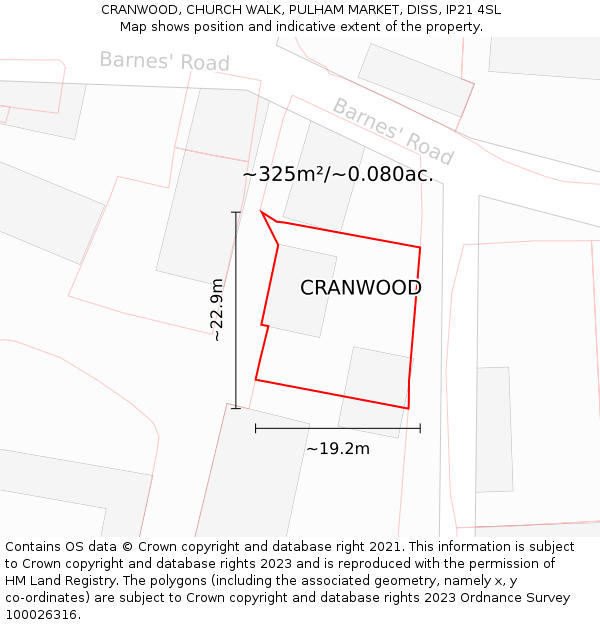 CRANWOOD, CHURCH WALK, PULHAM MARKET, DISS, IP21 4SL: Plot and title map