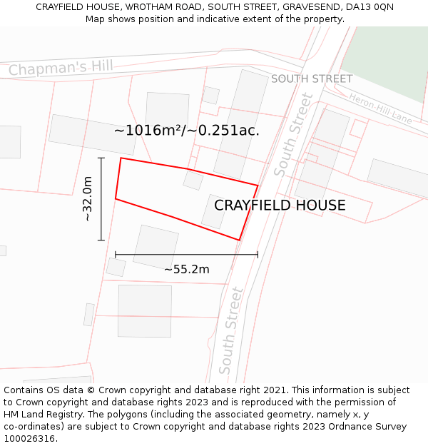 CRAYFIELD HOUSE, WROTHAM ROAD, SOUTH STREET, GRAVESEND, DA13 0QN: Plot and title map