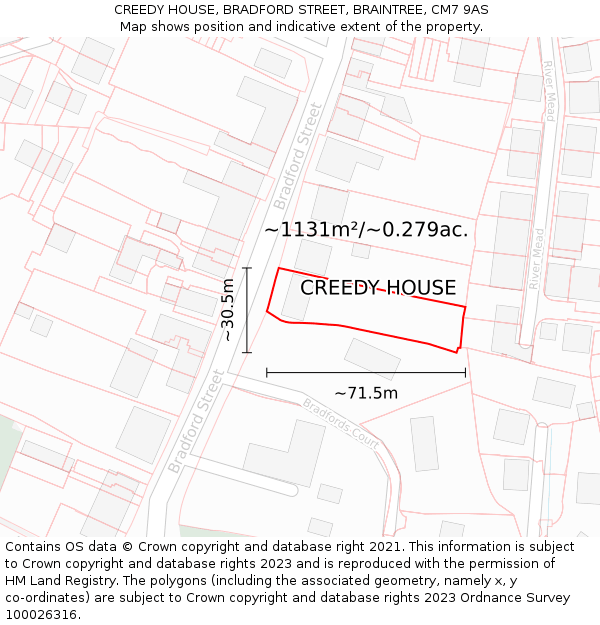 CREEDY HOUSE, BRADFORD STREET, BRAINTREE, CM7 9AS: Plot and title map