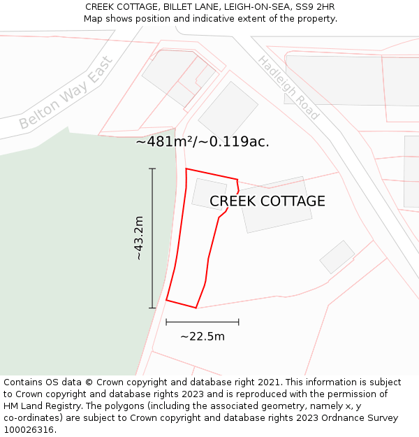 CREEK COTTAGE, BILLET LANE, LEIGH-ON-SEA, SS9 2HR: Plot and title map