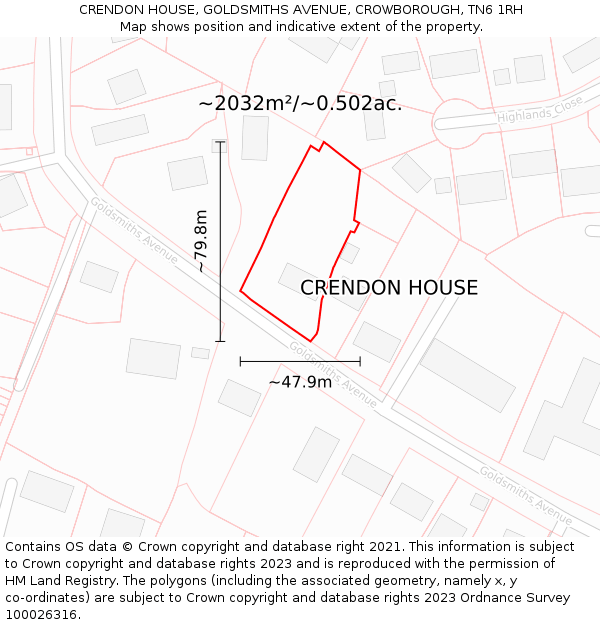 CRENDON HOUSE, GOLDSMITHS AVENUE, CROWBOROUGH, TN6 1RH: Plot and title map