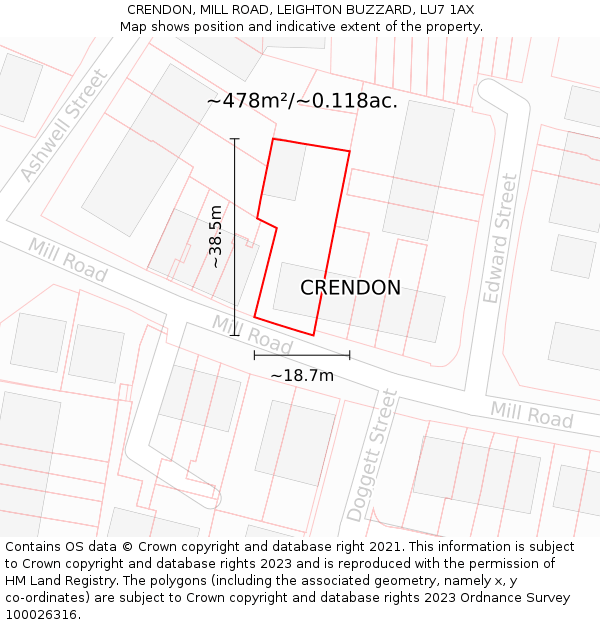 CRENDON, MILL ROAD, LEIGHTON BUZZARD, LU7 1AX: Plot and title map