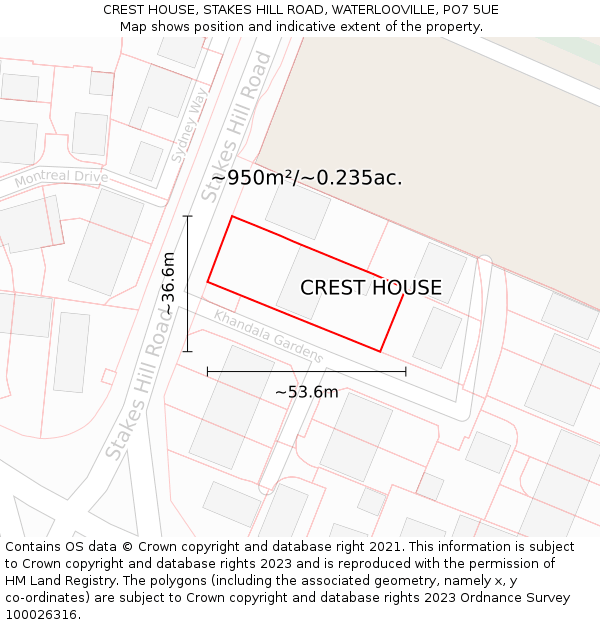 CREST HOUSE, STAKES HILL ROAD, WATERLOOVILLE, PO7 5UE: Plot and title map