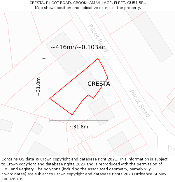 CRESTA, PILCOT ROAD, CROOKHAM VILLAGE, FLEET, GU51 5RU: Plot and title map