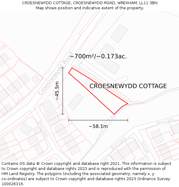 CROESNEWYDD COTTAGE, CROESNEWYDD ROAD, WREXHAM, LL11 3BN: Plot and title map