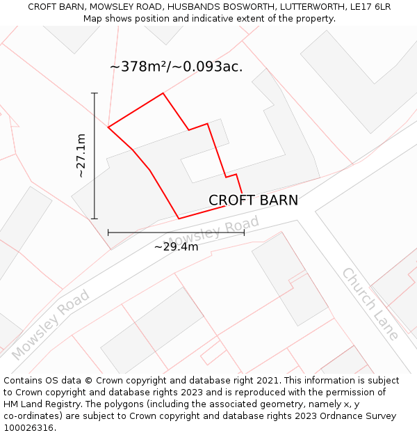 CROFT BARN, MOWSLEY ROAD, HUSBANDS BOSWORTH, LUTTERWORTH, LE17 6LR: Plot and title map