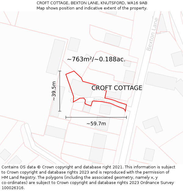 CROFT COTTAGE, BEXTON LANE, KNUTSFORD, WA16 9AB: Plot and title map