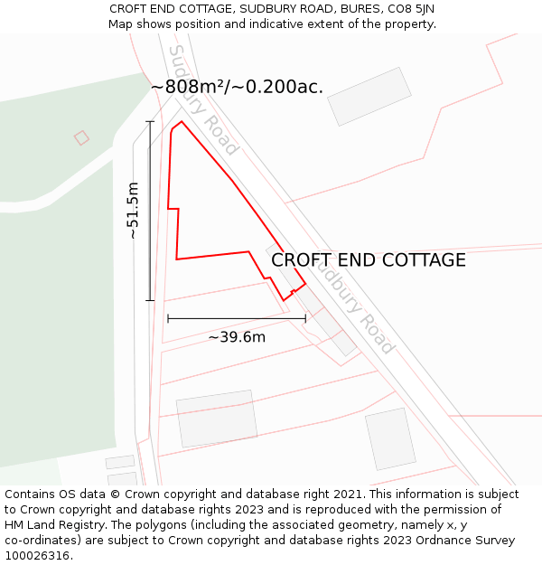 CROFT END COTTAGE, SUDBURY ROAD, BURES, CO8 5JN: Plot and title map