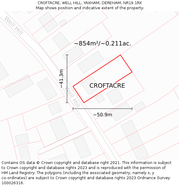 CROFTACRE, WELL HILL, YAXHAM, DEREHAM, NR19 1RX: Plot and title map