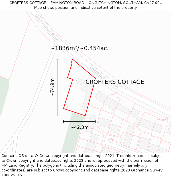 CROFTERS COTTAGE, LEAMINGTON ROAD, LONG ITCHINGTON, SOUTHAM, CV47 9PU: Plot and title map