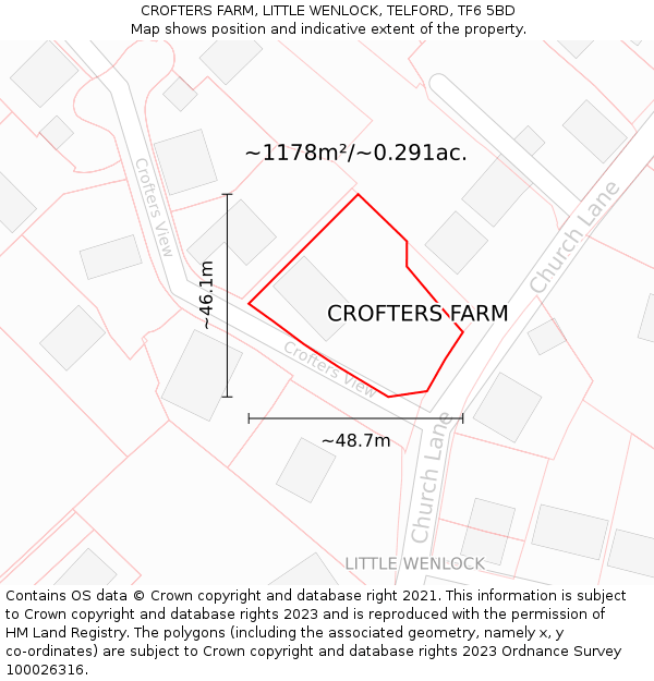 CROFTERS FARM, LITTLE WENLOCK, TELFORD, TF6 5BD: Plot and title map