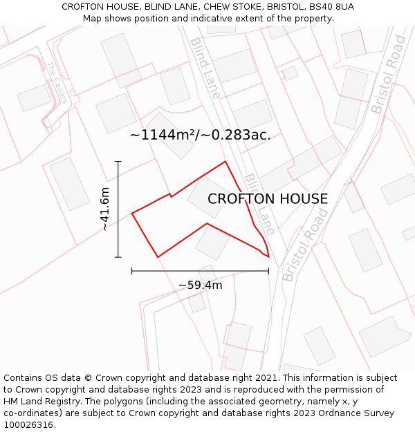 CROFTON HOUSE, BLIND LANE, CHEW STOKE, BRISTOL, BS40 8UA: Plot and title map