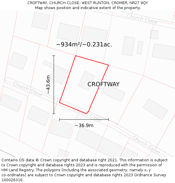 CROFTWAY, CHURCH CLOSE, WEST RUNTON, CROMER, NR27 9QY: Plot and title map
