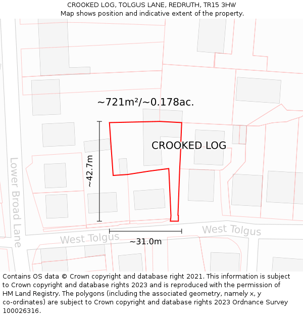 CROOKED LOG, TOLGUS LANE, REDRUTH, TR15 3HW: Plot and title map