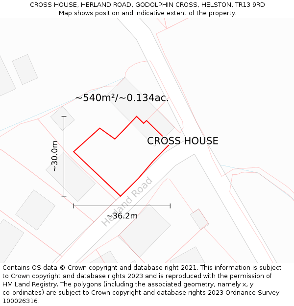 CROSS HOUSE, HERLAND ROAD, GODOLPHIN CROSS, HELSTON, TR13 9RD: Plot and title map