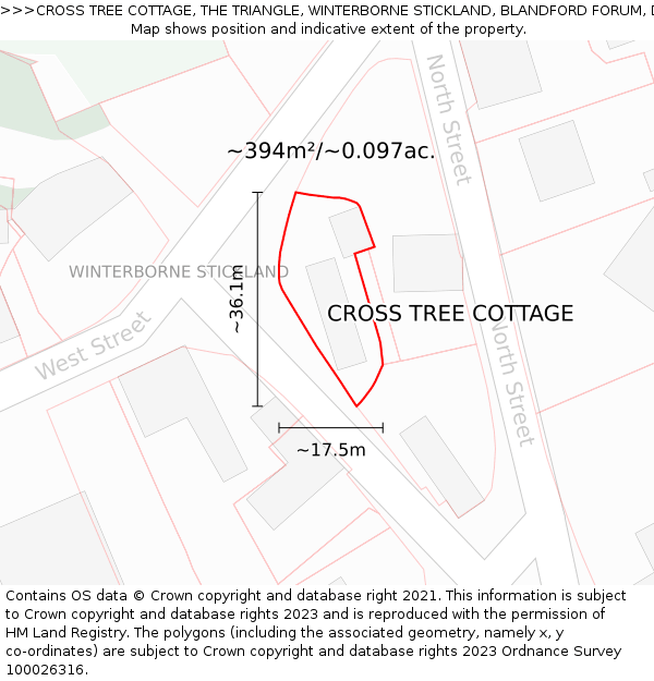CROSS TREE COTTAGE, THE TRIANGLE, WINTERBORNE STICKLAND, BLANDFORD FORUM, DT11 0NW: Plot and title map
