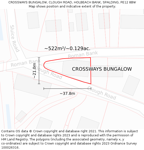 CROSSWAYS BUNGALOW, CLOUGH ROAD, HOLBEACH BANK, SPALDING, PE12 8BW: Plot and title map