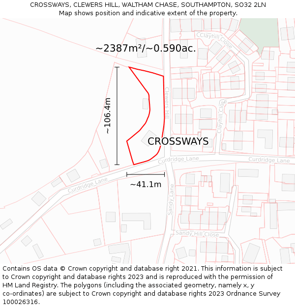 CROSSWAYS, CLEWERS HILL, WALTHAM CHASE, SOUTHAMPTON, SO32 2LN: Plot and title map