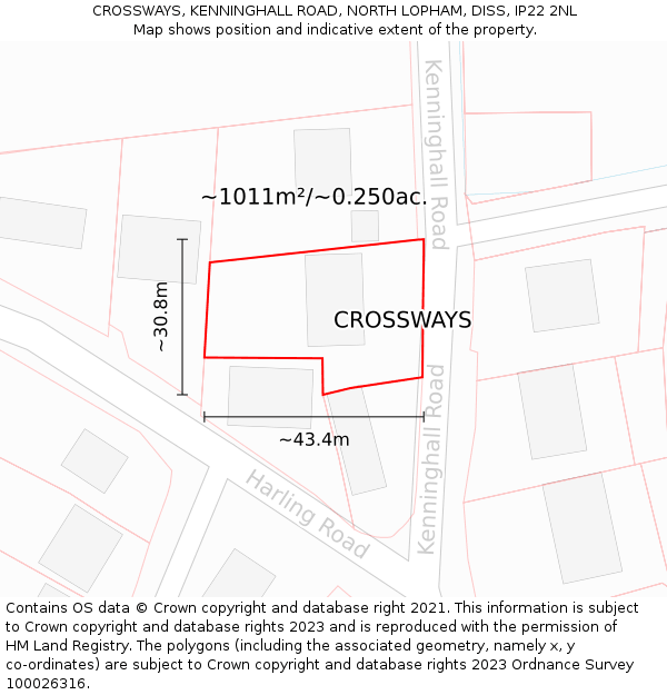 CROSSWAYS, KENNINGHALL ROAD, NORTH LOPHAM, DISS, IP22 2NL: Plot and title map