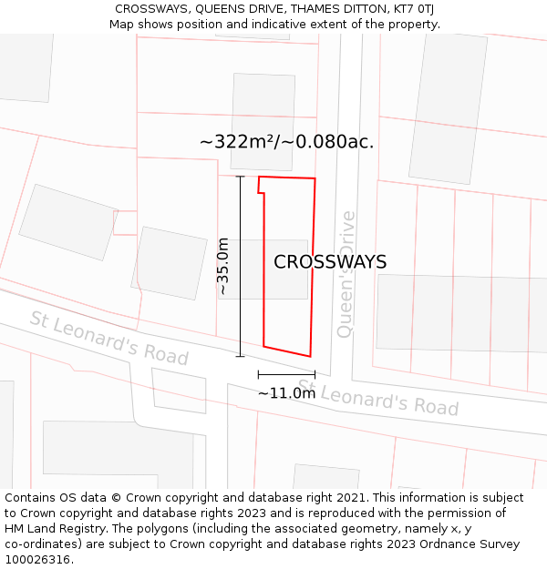 CROSSWAYS, QUEENS DRIVE, THAMES DITTON, KT7 0TJ: Plot and title map