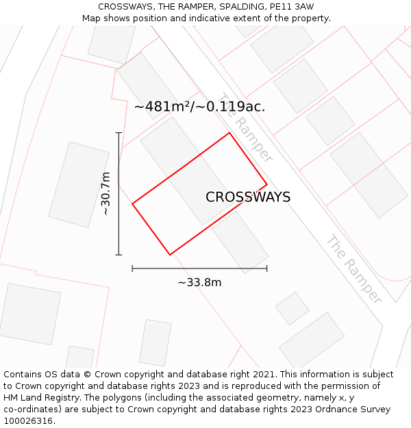 CROSSWAYS, THE RAMPER, SPALDING, PE11 3AW: Plot and title map