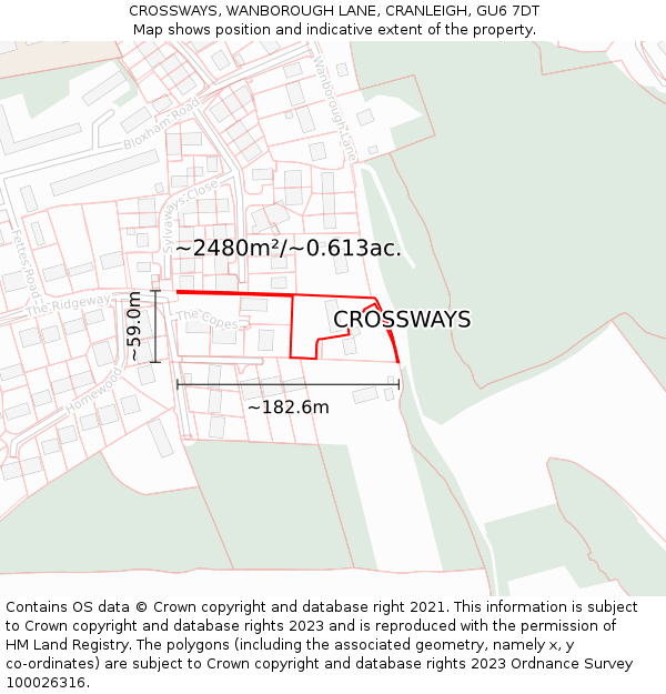 CROSSWAYS, WANBOROUGH LANE, CRANLEIGH, GU6 7DT: Plot and title map