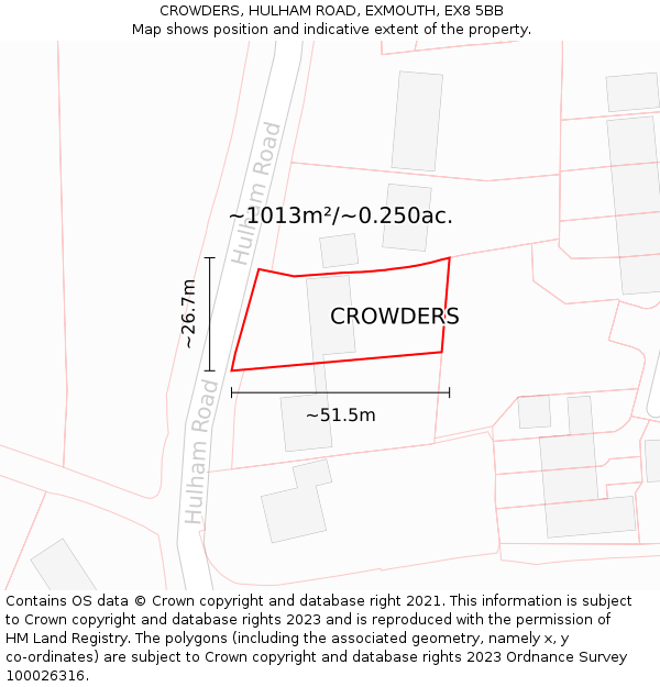 CROWDERS, HULHAM ROAD, EXMOUTH, EX8 5BB: Plot and title map