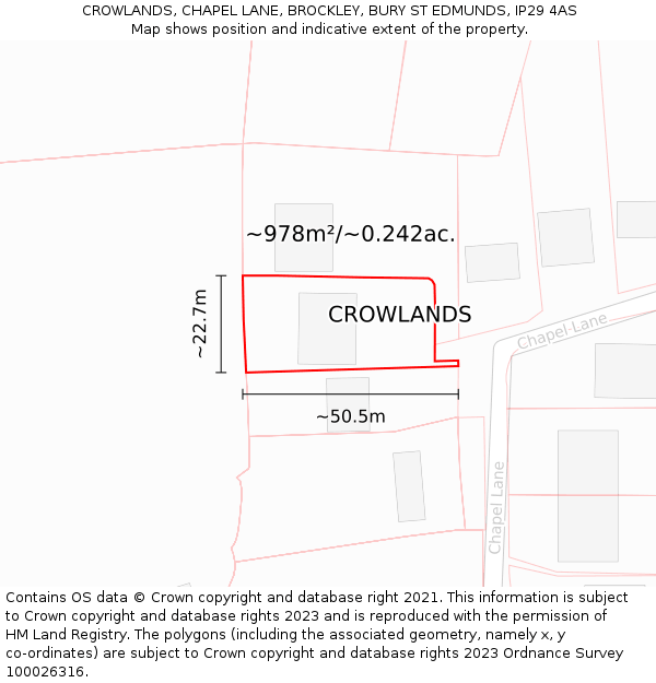 CROWLANDS, CHAPEL LANE, BROCKLEY, BURY ST EDMUNDS, IP29 4AS: Plot and title map